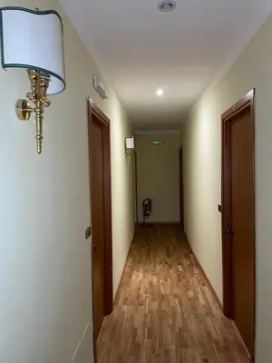 an empty hallway with a lamp and wooden floors at Hotel Fenicia in Rome