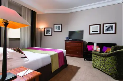 a hotel room with a bed and a tv and a chair at Hotel dei Mellini in Rome