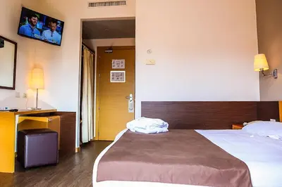 a hotel room with a bed and a tv on the wall at Hotel Sisto V in Rome