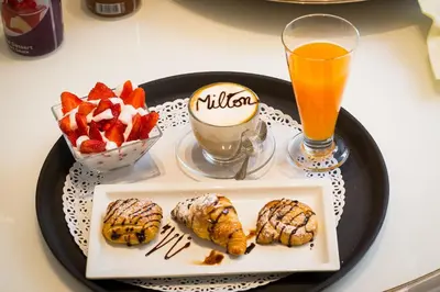 a tray with a plate of food and a drink at Hotel Milton Roma in Rome