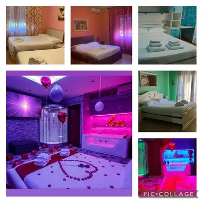 a collage of four pictures of a bedroom with pink lighting at Er Centurione in Rome