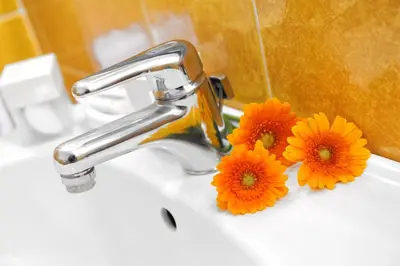 two flowers sitting on a bathroom sink with a faucet at LH Hotel Lloyd Roma in Rome