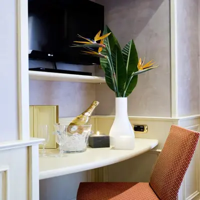 a shelf with a bottle and a vase with a plant at Al Viminale Hill Inn & Hotel in Rome