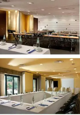 two pictures of a dining room with tables and chairs at Hotel Abitart in Rome