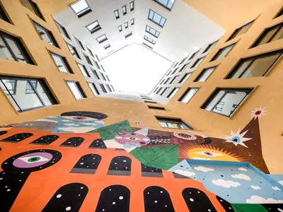 a view of a building with a painting on the floor at Mercure Roma Piazza Bologna in Rome