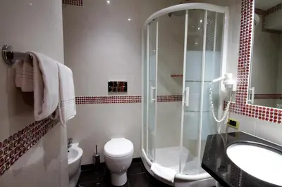 a bathroom with a shower and a toilet and a sink at Hotel Canova in Rome