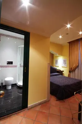 a hotel room with a bed and a bathroom at Hotel Canova in Rome