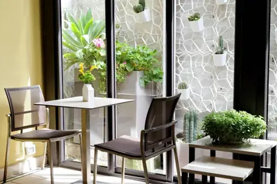 a table and chairs in front of a window with potted plants at Hotel Camelia in Rome