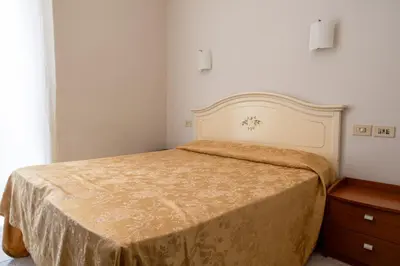 a bedroom with a bed with a gold bedspread at Hotel Ventura in Rome