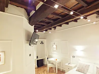 a bedroom with a bed and a desk and a tv at Domus Ester in Rome
