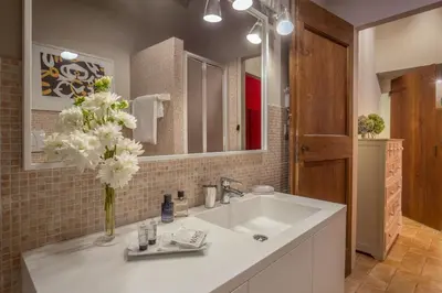 a bathroom with a white sink with a vase of flowers at Boutique Hotel Campo de' Fiori in Rome
