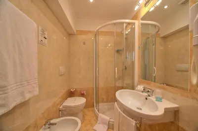 a bathroom with a toilet and a sink and a shower at Dipendenza Hotel Galileo in Rome