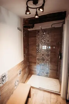 a shower in a room with a wooden wall at Hotel Domus Tiberina in Rome