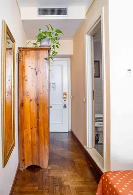 a hallway with a wooden door and a potted plant at Casa De' Fiori in Rome