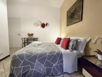 a bedroom with a large bed with red pillows at Hosting Flats Hospety Group in Rome