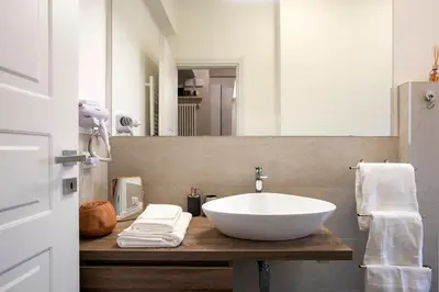a bathroom with a large white bowl sink on a wooden counter at LALY LOVE in Rome