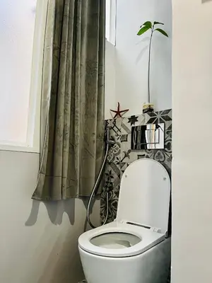 a bathroom with a toilet and a curtain at Sweet Life House Rome Cavour in Rome