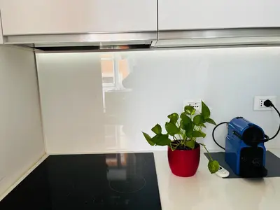 a plant in a red pot sitting on a kitchen counter at Sweet Life House Rome Cavour in Rome
