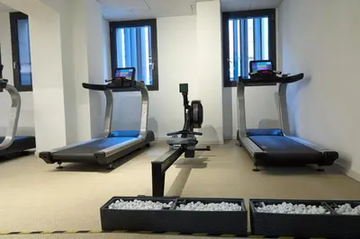 a gym with three tread machines and windows at Trastevere Boutique with Gym and Steam Shower in Rome