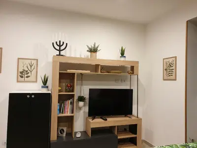 a living room with a tv on a shelf at OFFICINALE Rome Apartment, Pineta Sacchetti in Rome