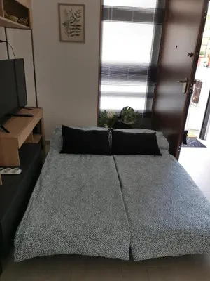 a bed with black pillows in a room with a television at OFFICINALE Rome Apartment, Pineta Sacchetti in Rome