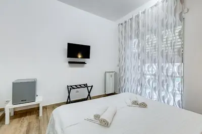 a white bedroom with a bed and a tv at VATICANDREAM GUEST HOUSE in Rome