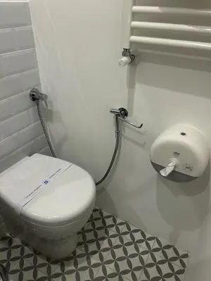 a bathroom with a white toilet and a black and white floor at IL NINFEO San Giovanni ROMA in Rome