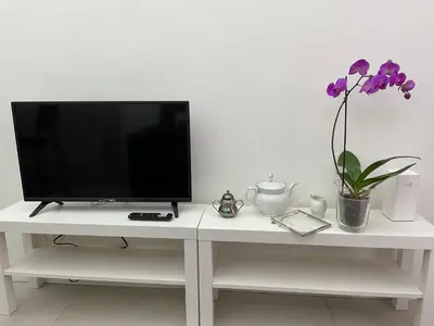 a tv sitting on a white table with a flower at Studio Artis Piazza di Spagna in Rome