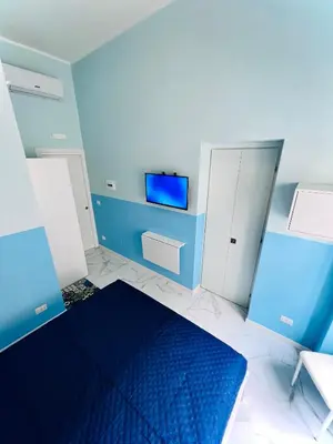 a blue room with a bed and a tv at Dielle Apartments ROMA in Rome