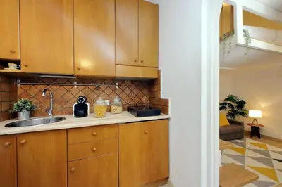 a kitchen with wooden cabinets and a sink at Fontanella Dream apartment in Rome
