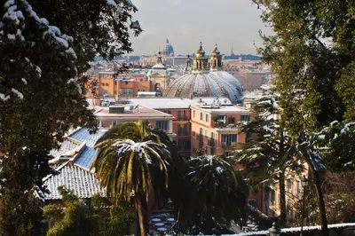 a view of a city with snow covered buildings and palm trees at Rome Plaza Suites, Luxury Collection in Rome
