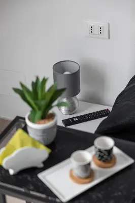 a table with two coffee cups and a plant on it at Emperooms Guest House in Rome