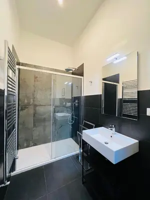 a bathroom with a shower and a sink and a shower at New Prati Luxury Apartment in Rome