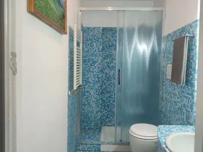 a bathroom with a shower with a toilet and a sink at Warm Charming Apartment in Campo de Fiori in Rome