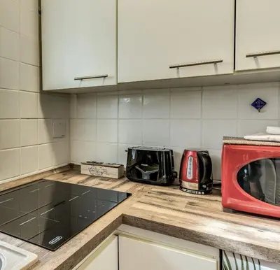 a kitchen with a counter top with a red microwave at MAYA RHOME TRASTEVERE in Rome
